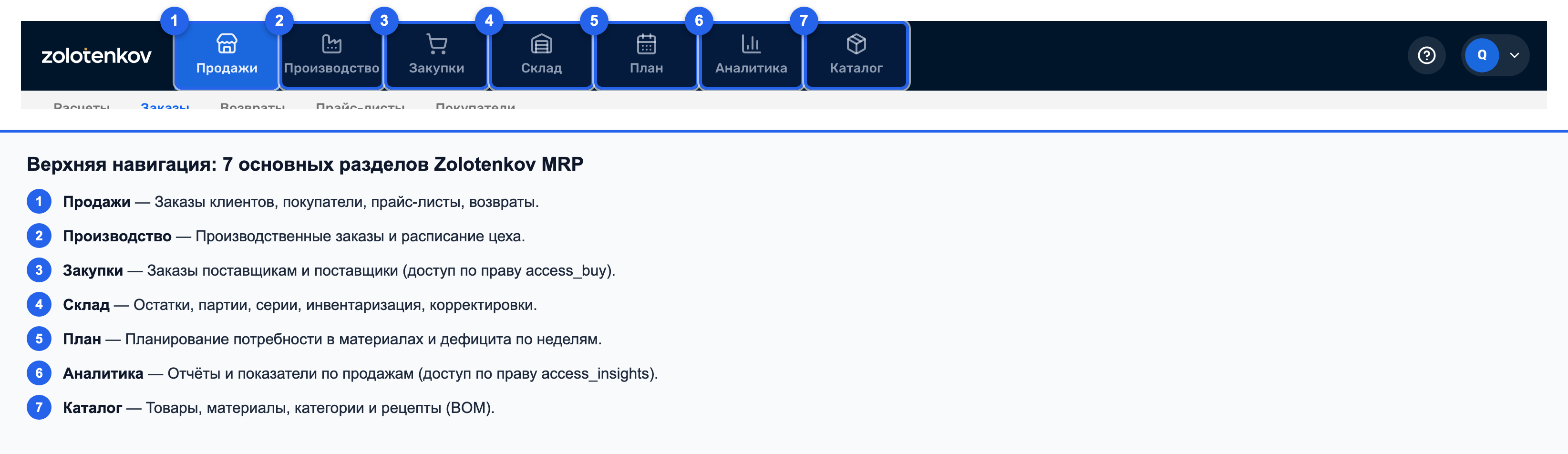 Верхняя навигация Zolotenkov MRP с подписями назначения разделов