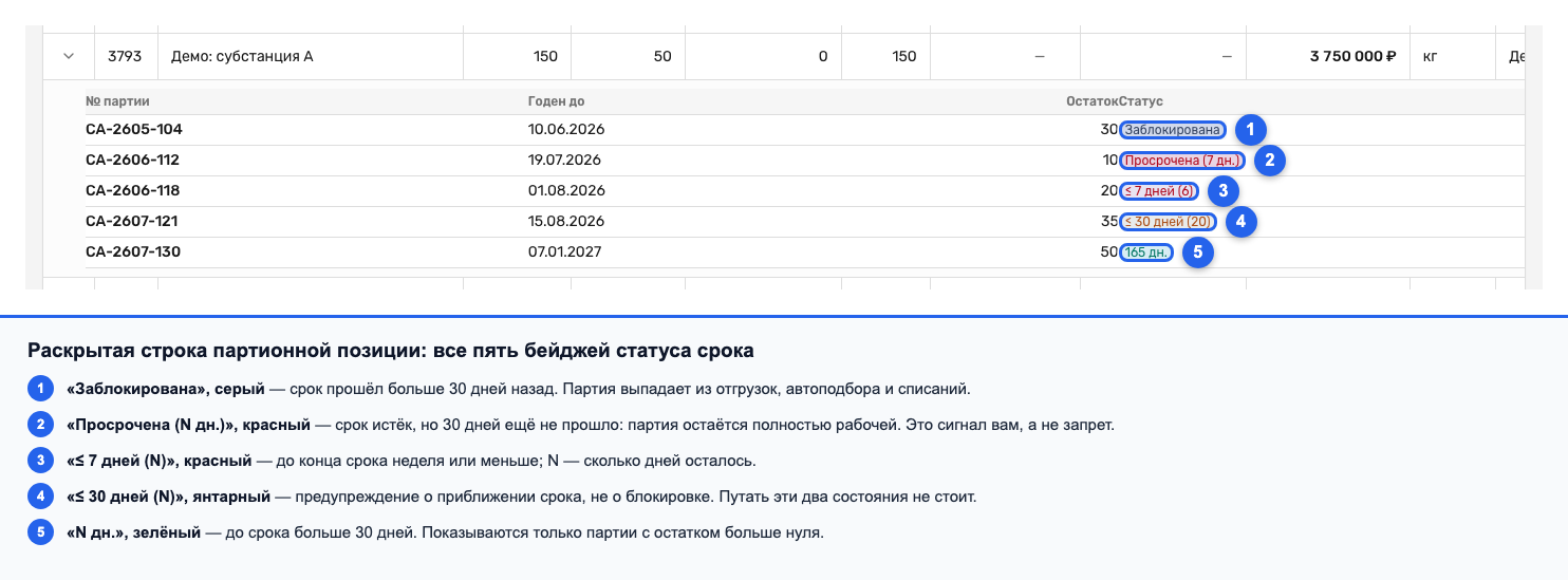 Раскрытая строка позиции, где видны все пять бейджей статуса срока годности