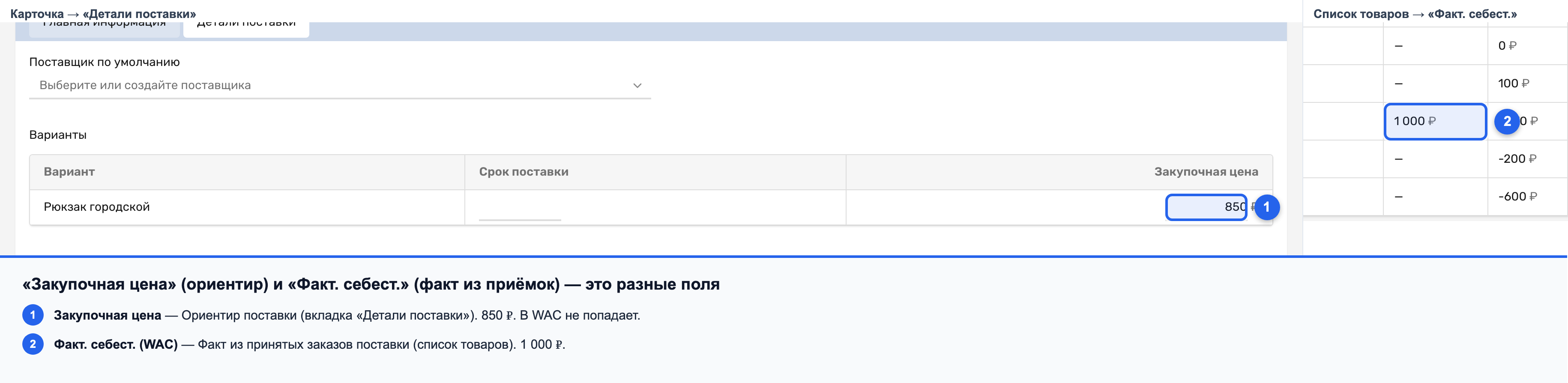 Рядом «Закупочная цена» на вкладке поставки и «Факт. себест.» в списке товаров с разными значениями