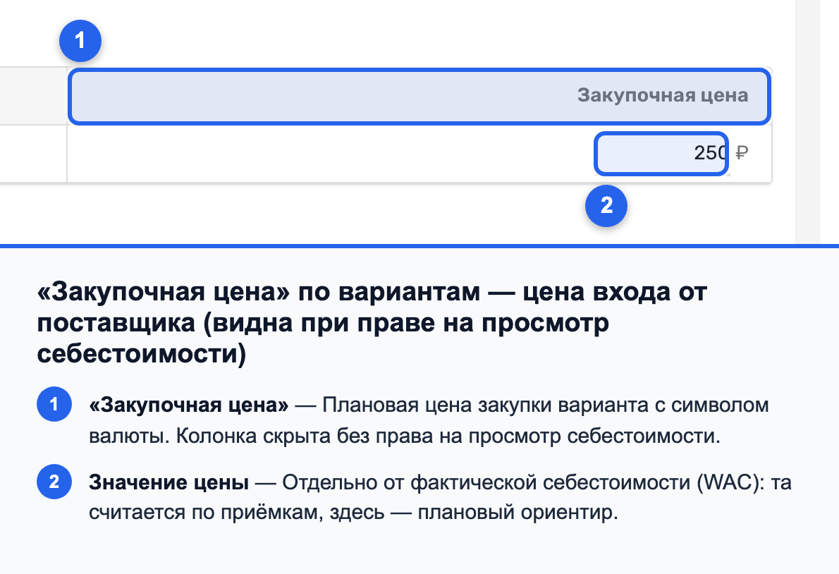 Колонка «Закупочная цена» с символом валюты на вкладке «Детали поставки»