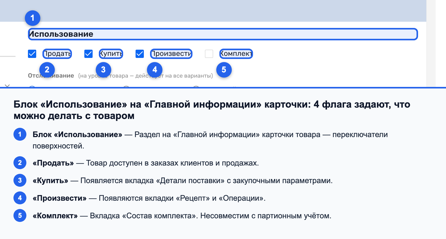 Блок «Использование» с чекбоксами «Продать», «Купить», «Произвести», «Комплект»