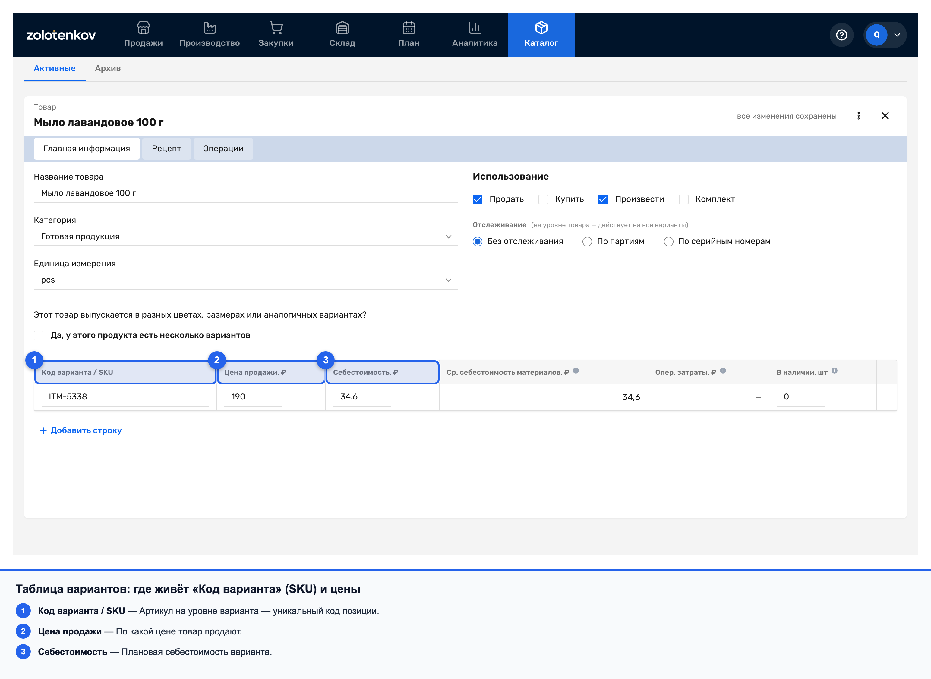 Таблица вариантов товара с колонкой «Код варианта / SKU» и ценами