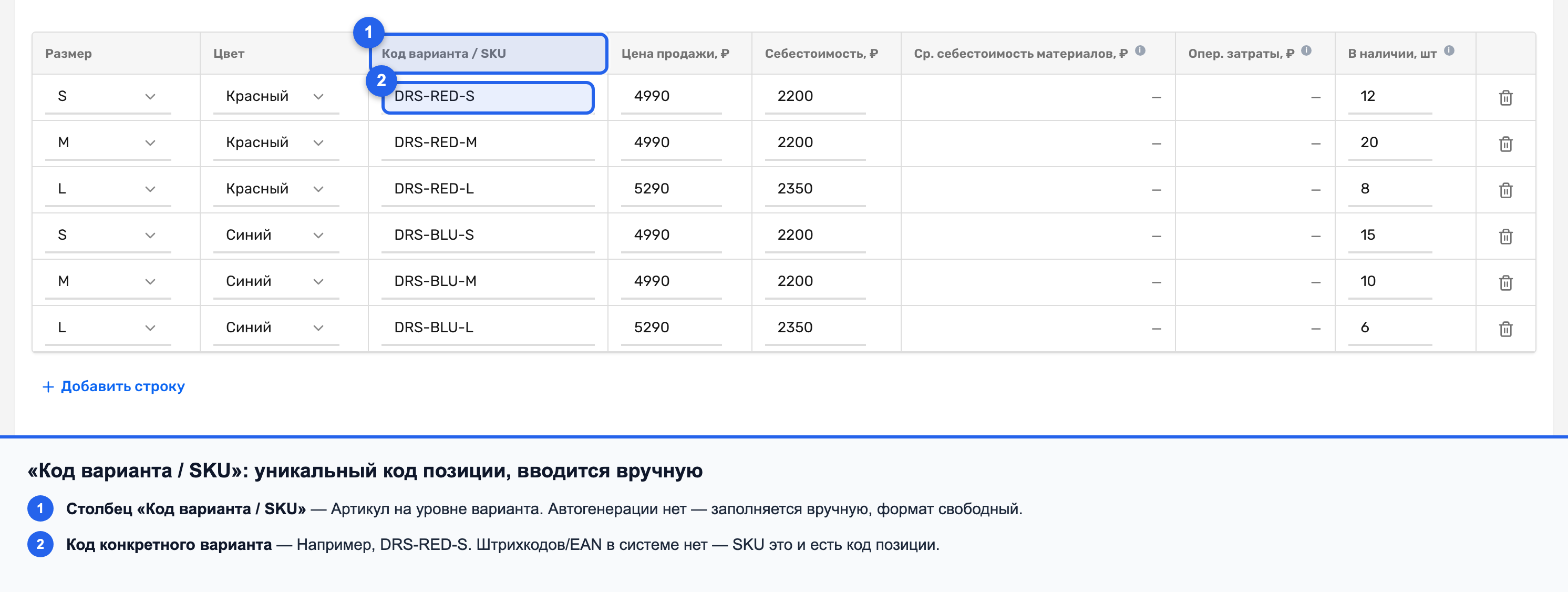 Таблица вариантов с выделенной колонкой «Код варианта / SKU»