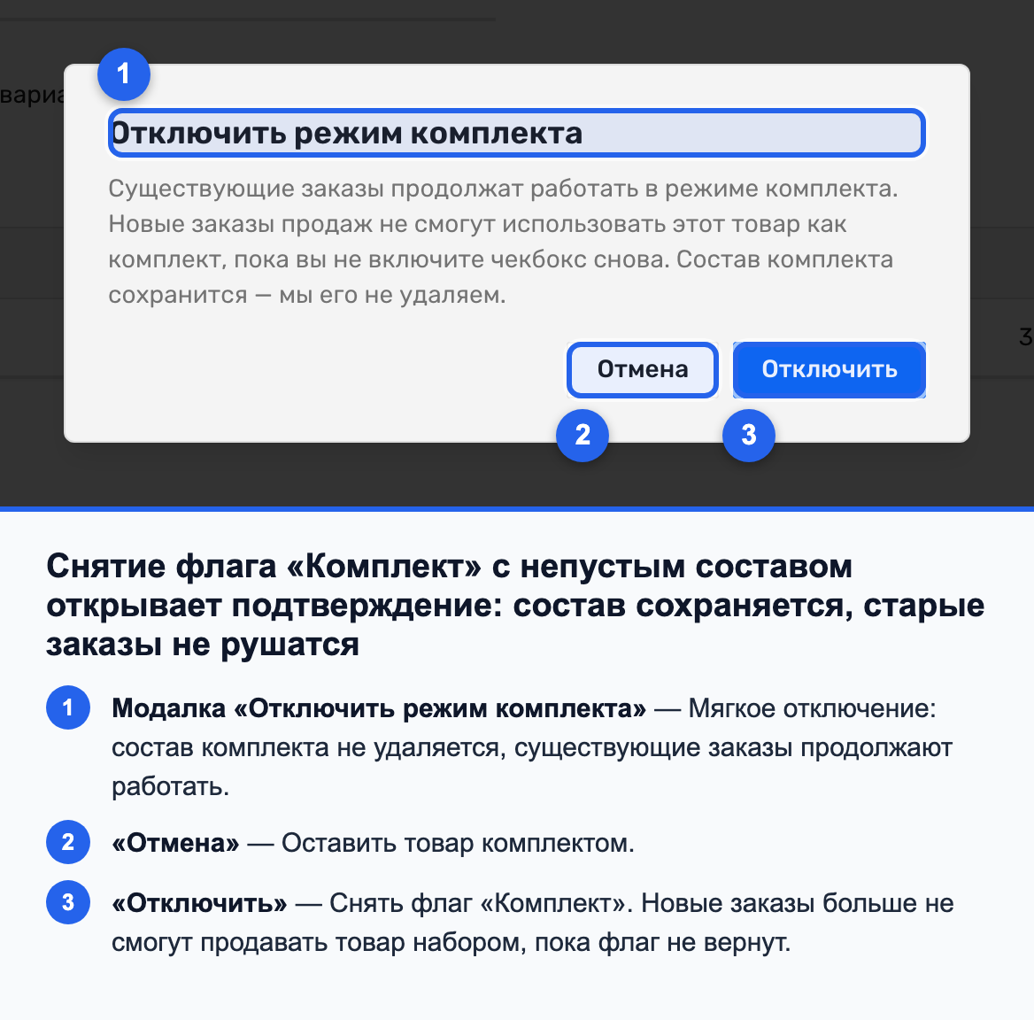 Модалка «Отключить режим комплекта» с кнопками «Отмена» и «Отключить»
