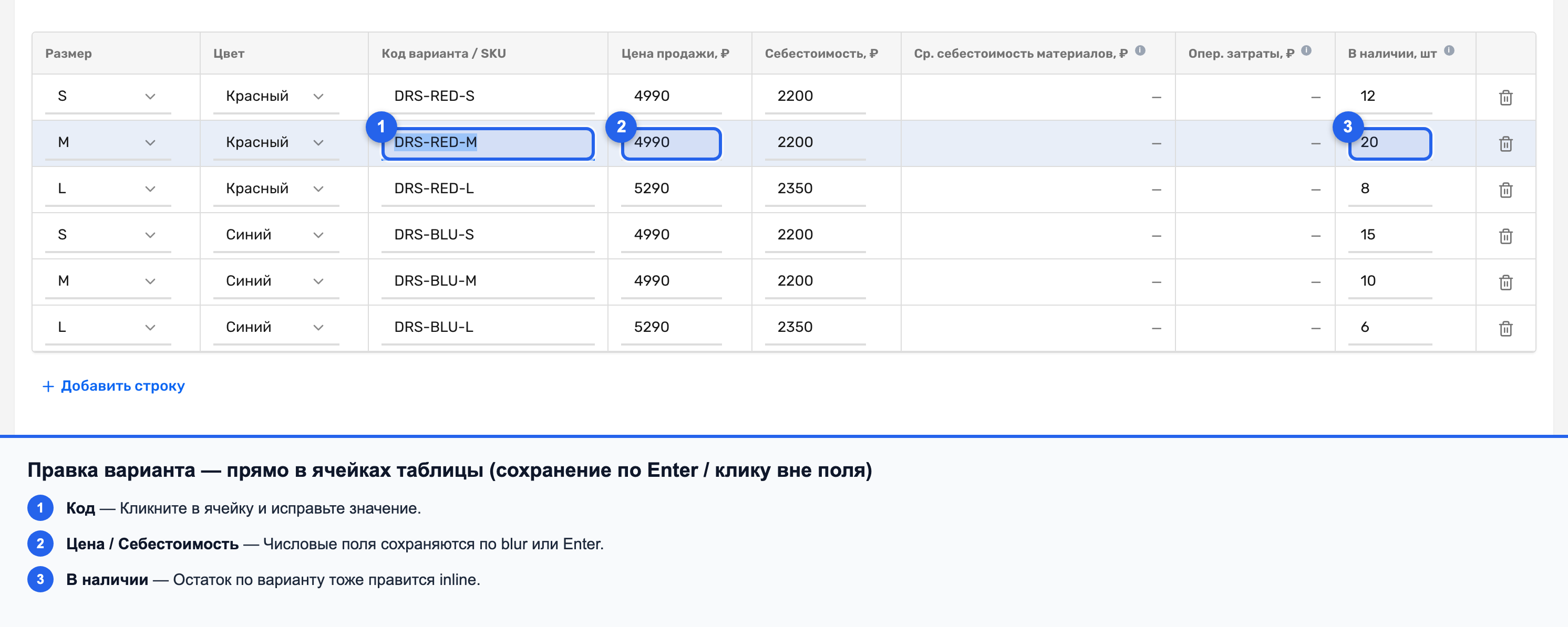 Inline-редактирование ячеек строки варианта в таблице
