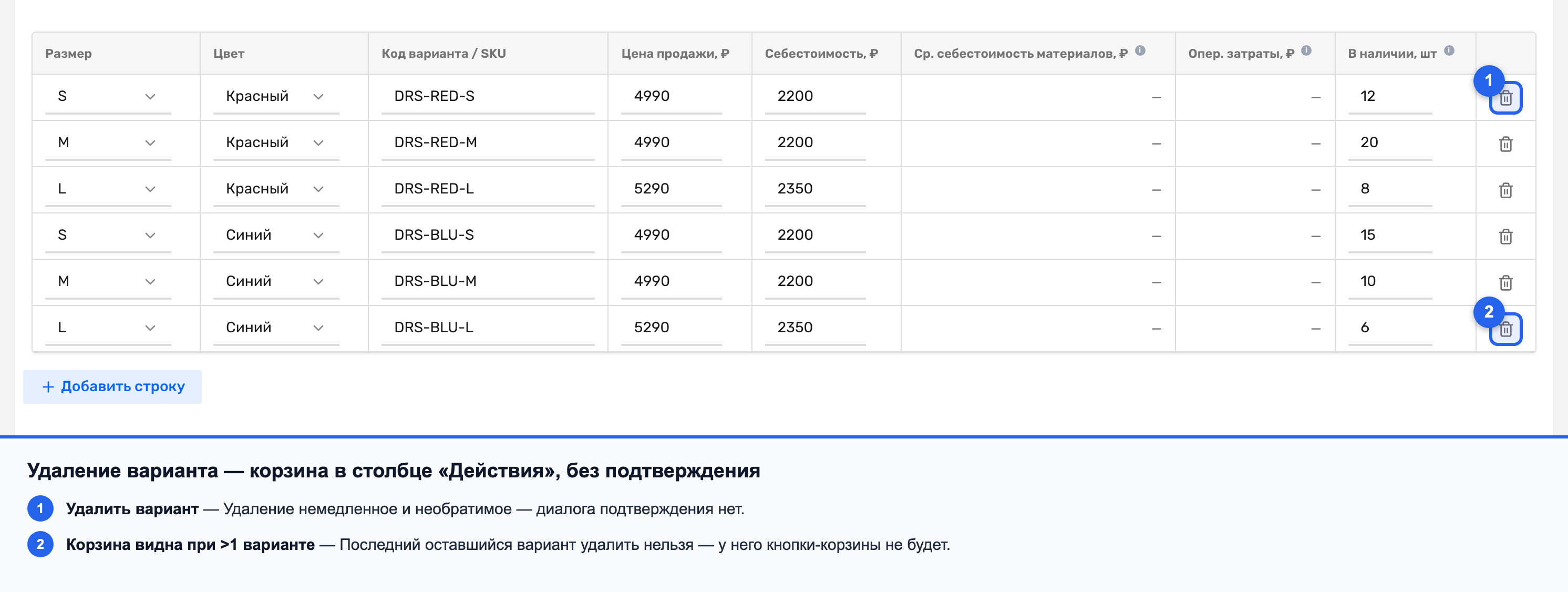Кнопка-корзина в столбце «Действия» для удаления варианта