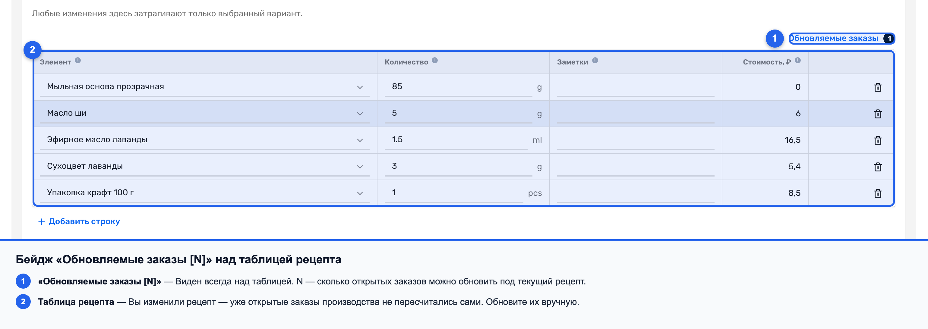 Бейдж «Обновляемые заказы [N]» над таблицей рецепта