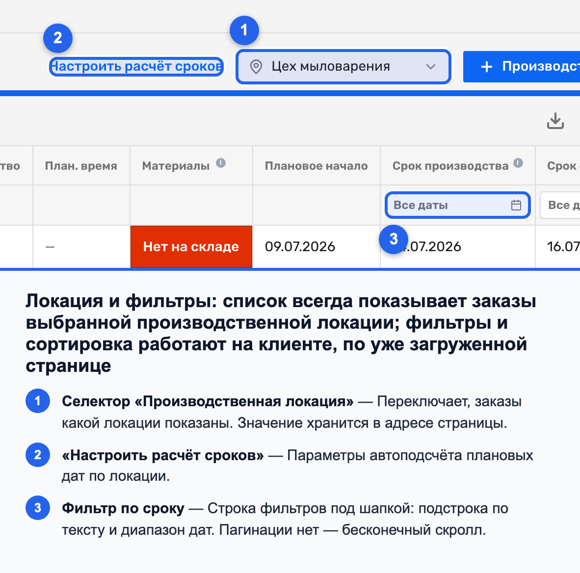 Селектор «Производственная локация» и строка inline-фильтров над списком заказов