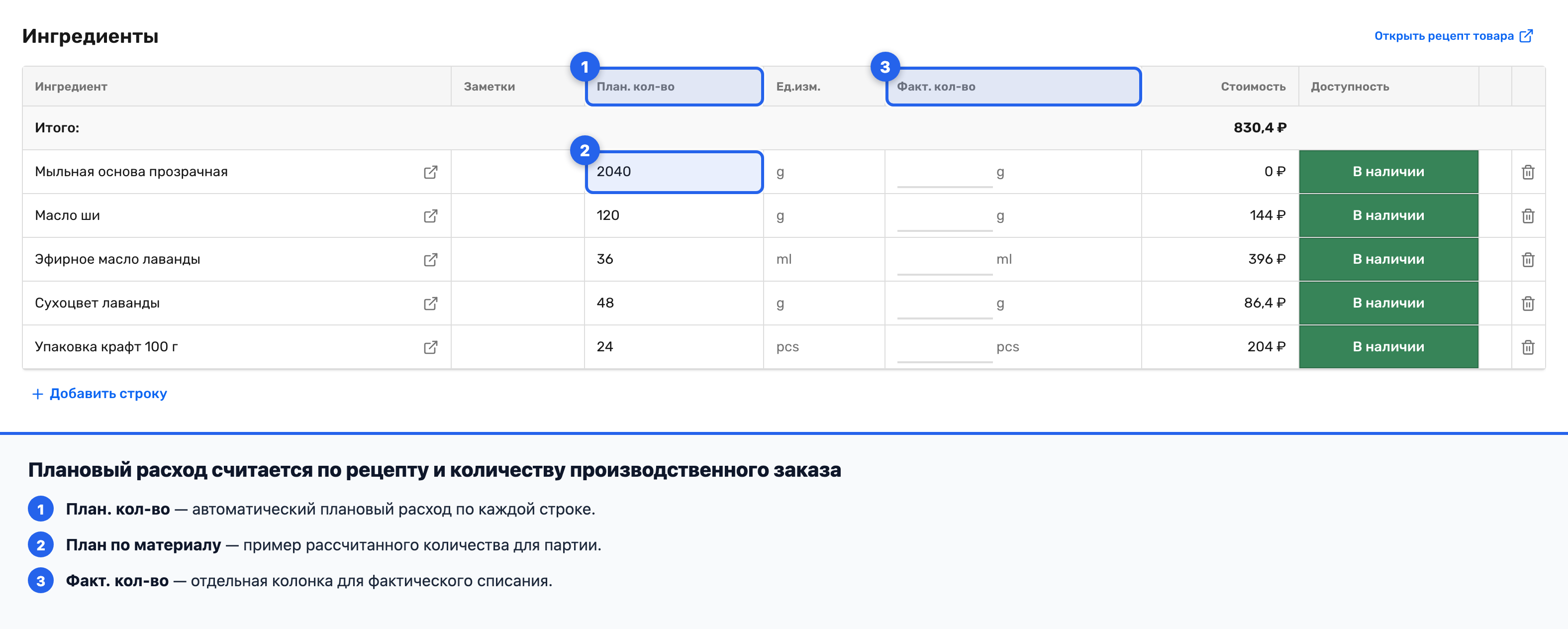 Колонка «План. кол-во» в таблице ингредиентов заказа