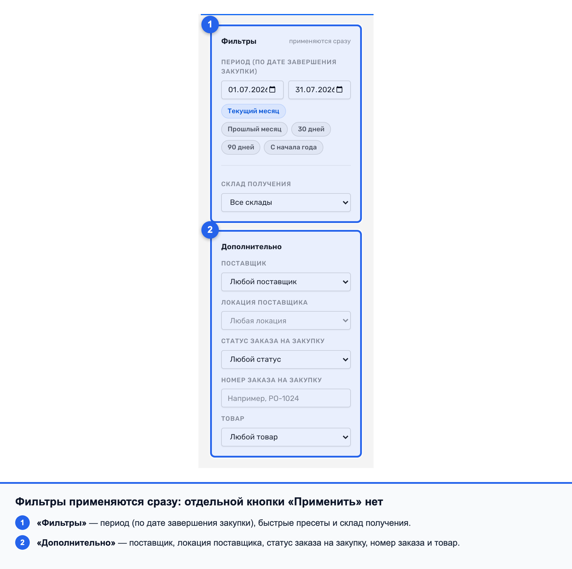 Панель фильтров аналитики поставщиков с раскрытым блоком «Дополнительно»
