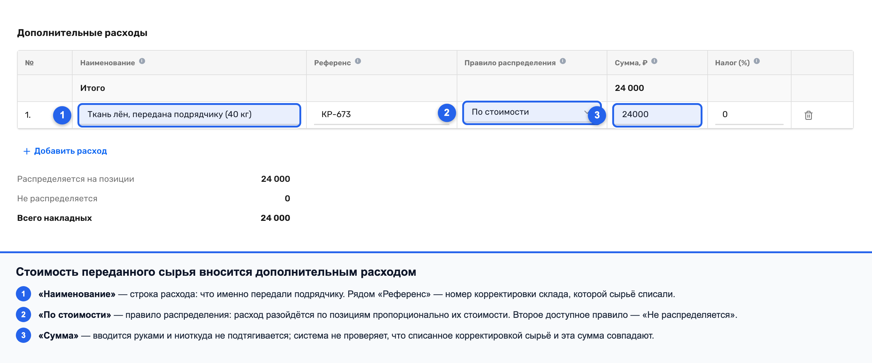 Блок «Дополнительные расходы» со строкой стоимости переданного сырья и правилом распределения «По стоимости»