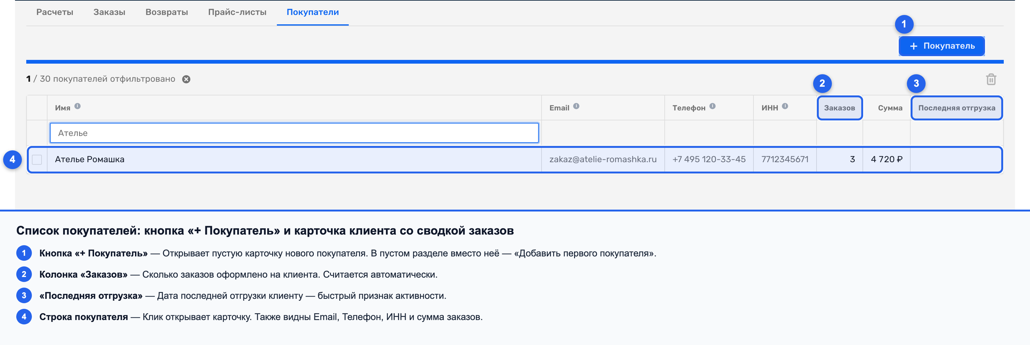 Пустой список покупателей с подсказкой и кнопкой «Добавить первого покупателя»