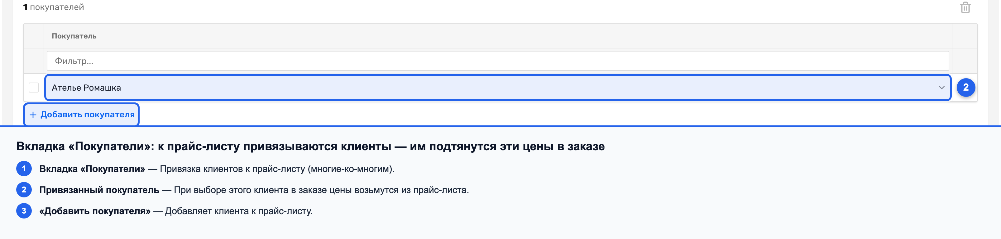 Вкладка «Покупатели» прайс-листа со списком привязанных клиентов