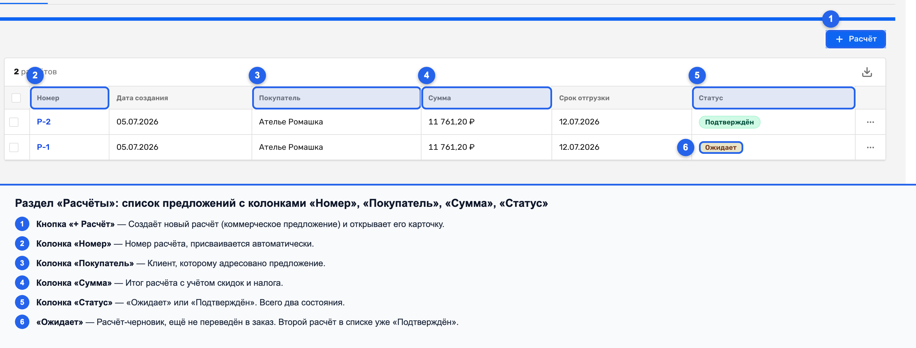 Список «Расчёты» с колонками «Номер», «Покупатель», «Сумма», «Статус»